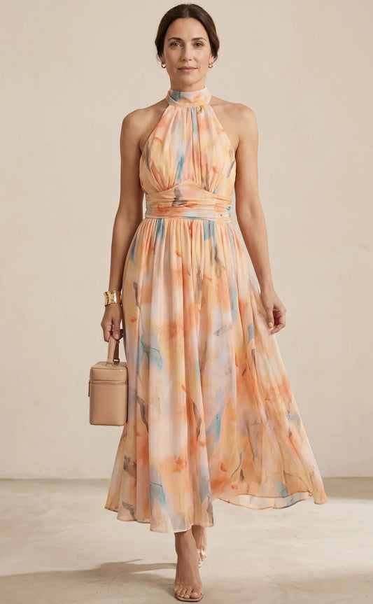 Esther | Vestido de Cuello Halter con Estampado de Acuarela