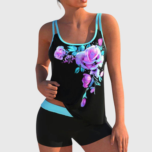 Flor –  Tankini estampado de flores con pantalón corto, efecto vientre plano