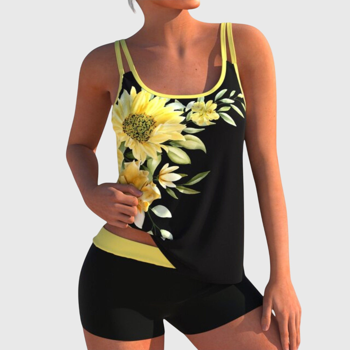 Flor –  Tankini estampado de flores con pantalón corto, efecto vientre plano
