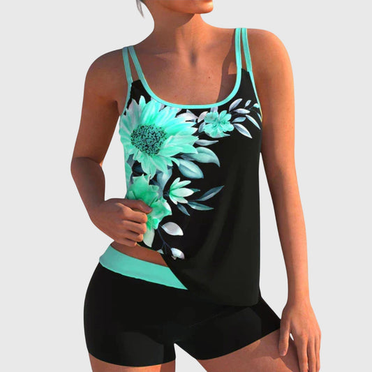 Flor –  Tankini estampado de flores con pantalón corto, efecto vientre plano