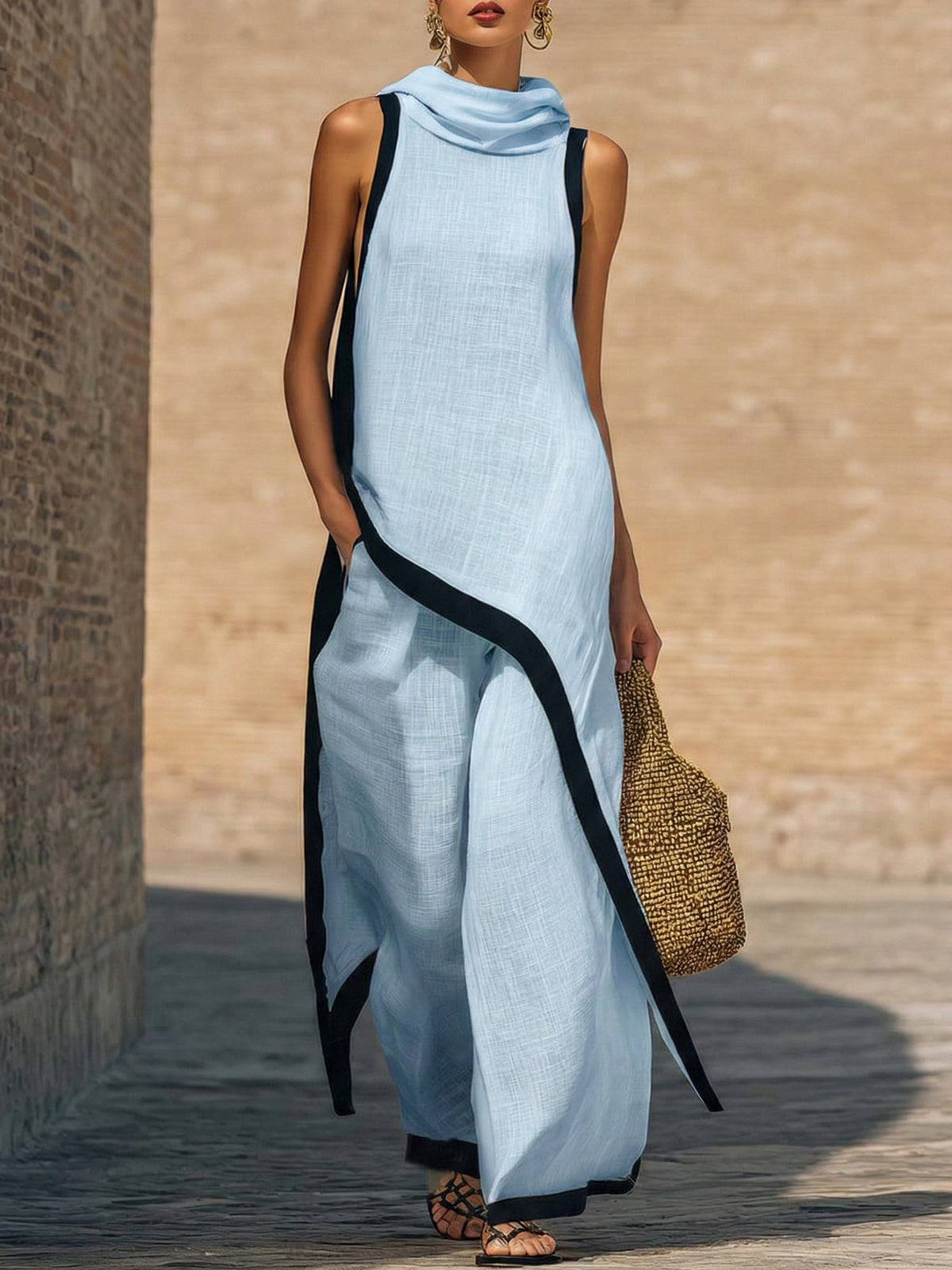 Elegante conjunto de dos piezas: top sin mangas y pantalones de pierna ancha