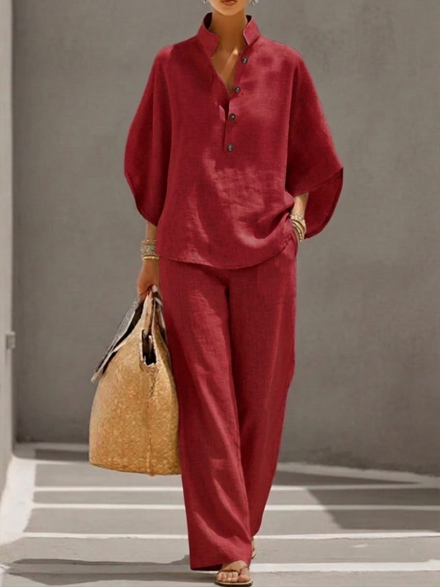 Lorena | Conjunto de Algodón Lino con Mangas Murciélago y Pantalón Ancho