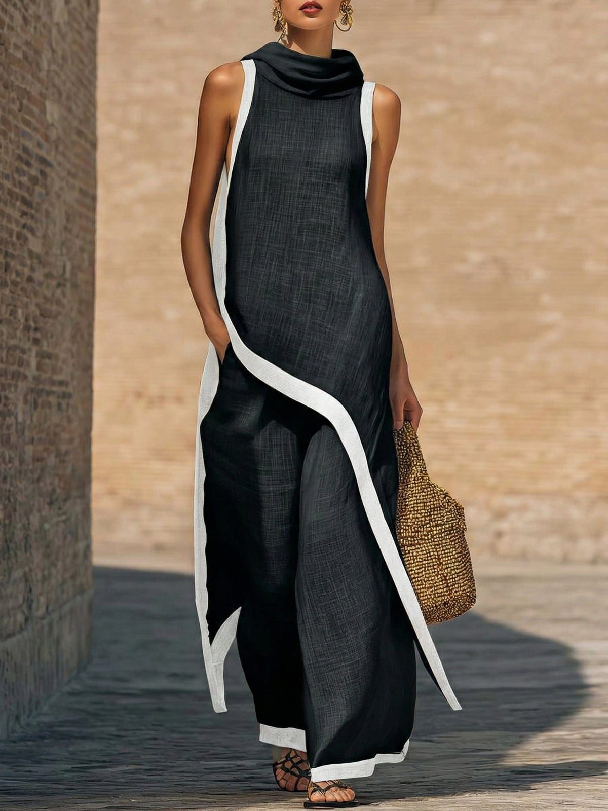 Elegante conjunto de dos piezas: top sin mangas y pantalones de pierna ancha